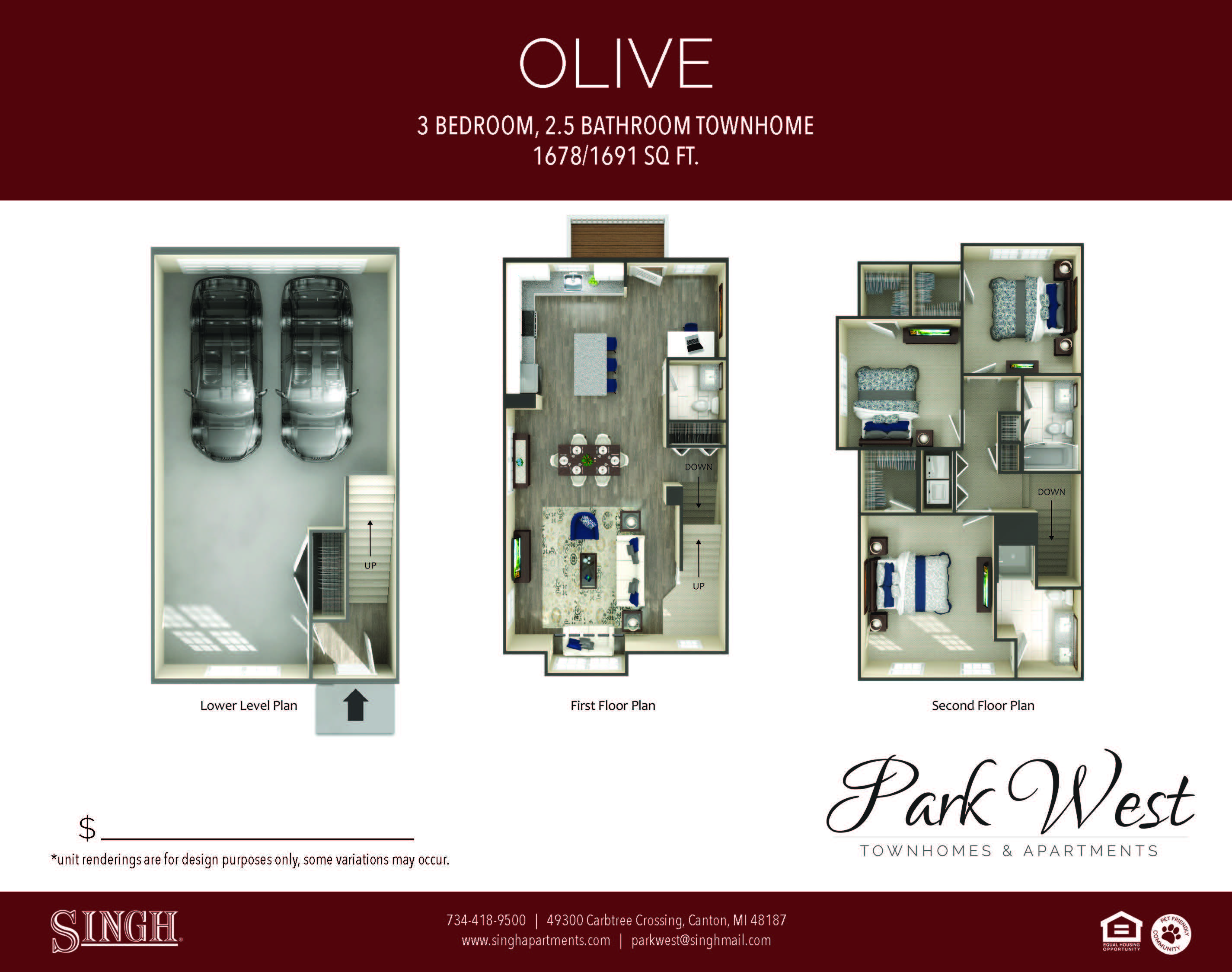 Floor plan for 3 beds, 2.5 baths, 1691 sqft